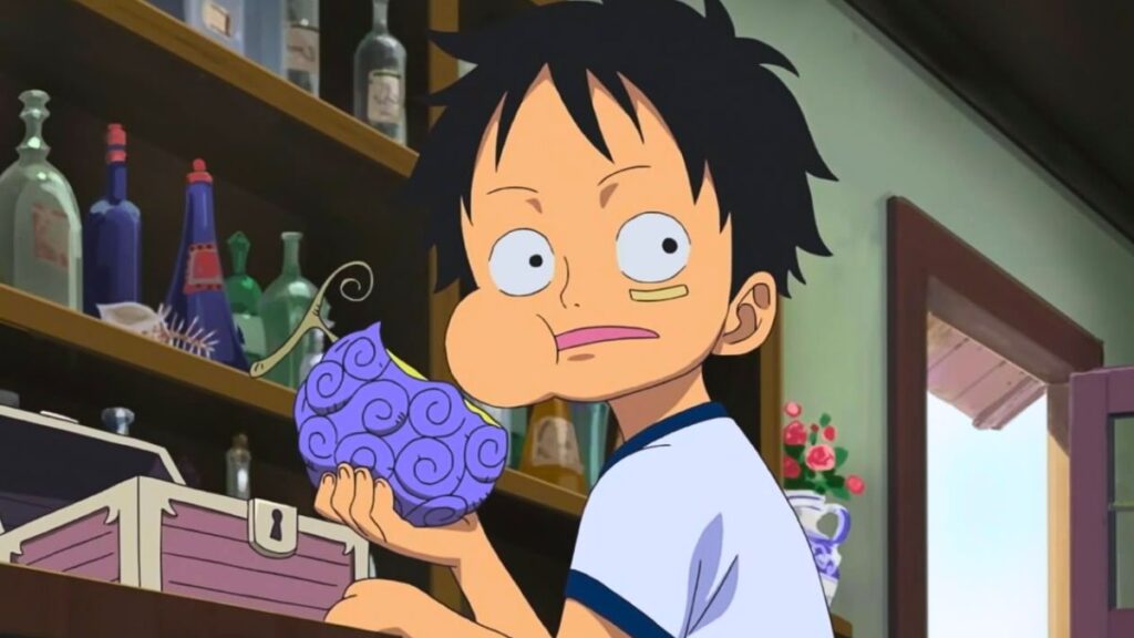 Luffy comendo a fruta Gomu Gomu e  Ganha os Poderes